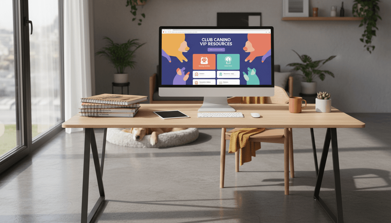 Home office with dog training ebooks and digital resources displayed on computer