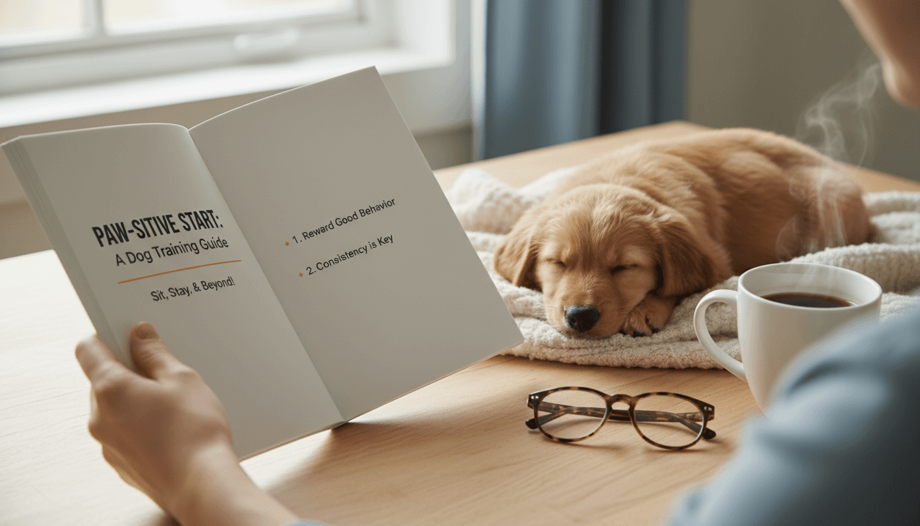 Hands holding open a dog training ebook with positive reinforcement methods