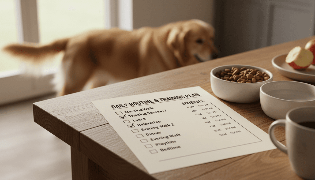 Dog training daily schedule and framework document on home kitchen table