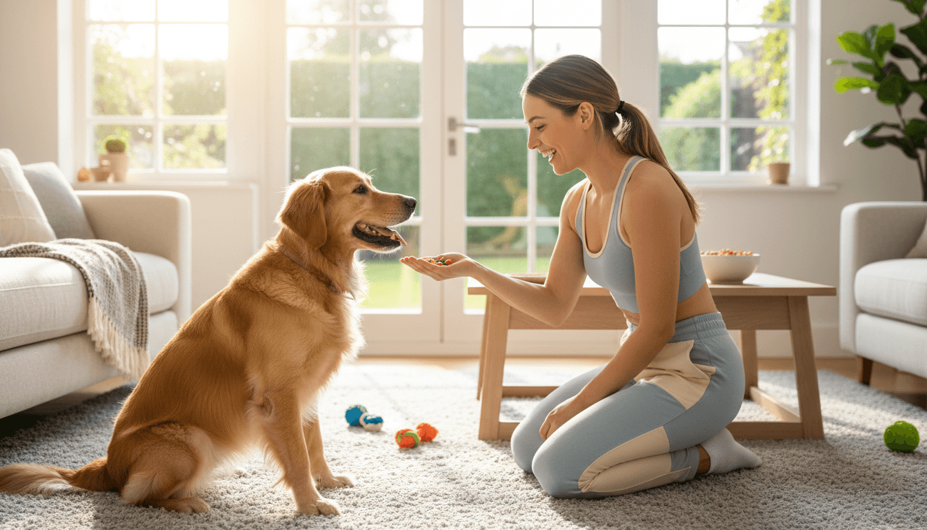 Dog owner practicing positive reinforcement training at home with their dog