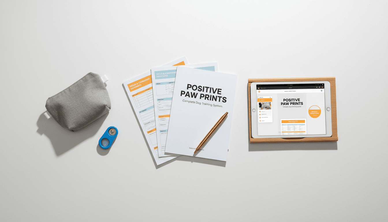 Printable dog training worksheets and digital guides spread on a workspace