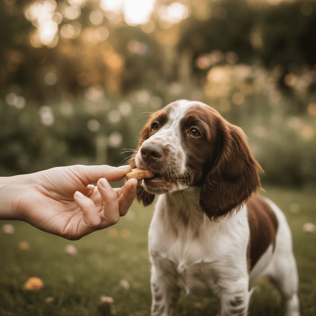 Dog owner rewarding puppy with treat during outdoor positive reinforcement training