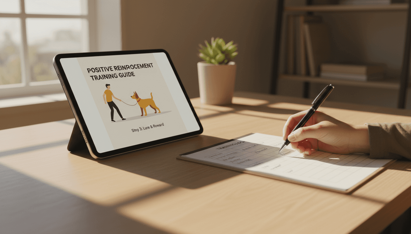 Dog owner studying behavioral training solutions on tablet with printed worksheet