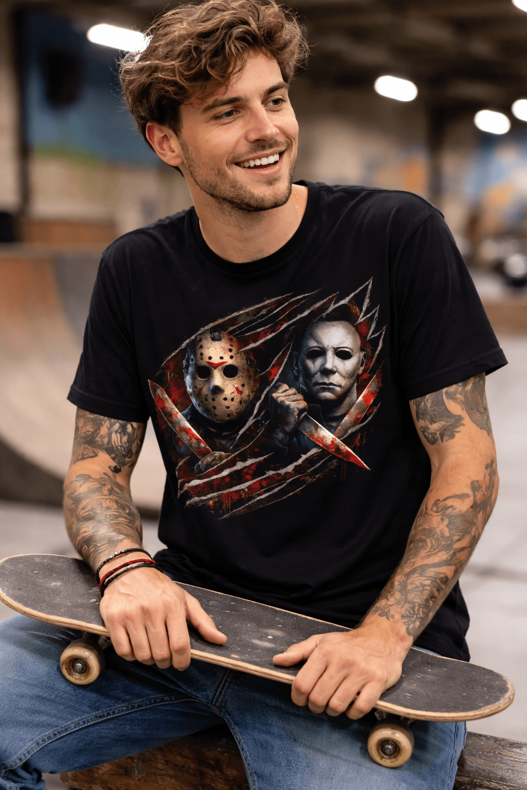 Smiling tattooed man wearing a Jason and Michael Myers graphic tee, holding a skateboard.